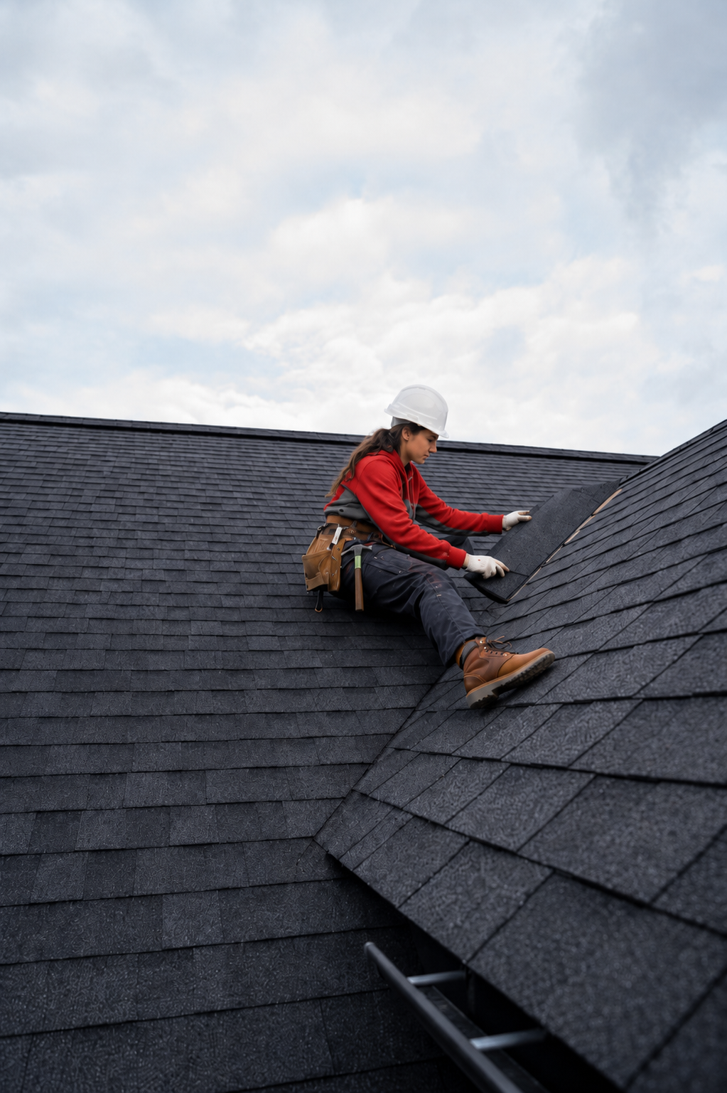 Female roofer in red safety gear completing a premium roof install