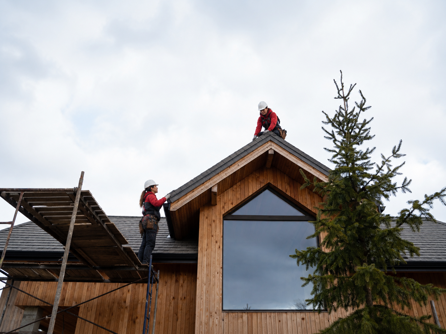 New Style Roofing crew in red uniforms working together on a Dallas roof