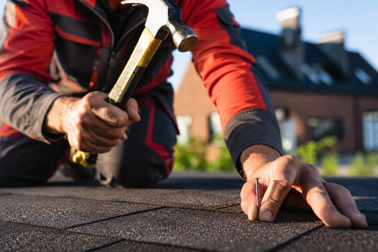 Licensed roofer in red uniform installing shingles in Dallas