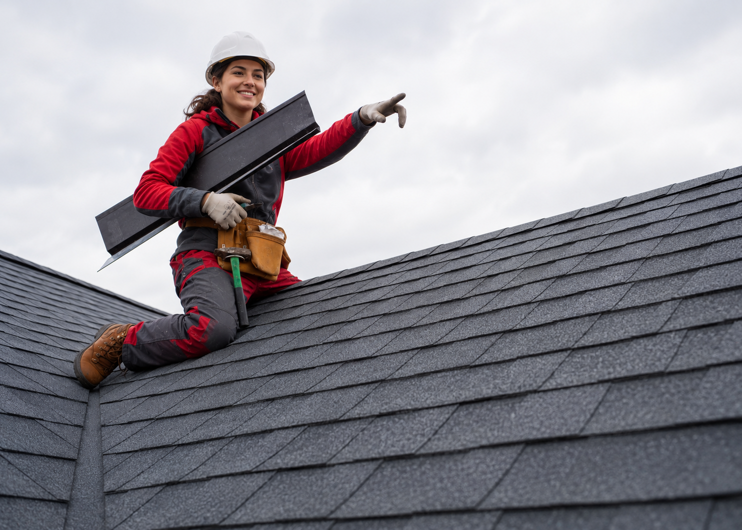 New Style Roofing specialist inspecting a Dallas roof in red safety gear